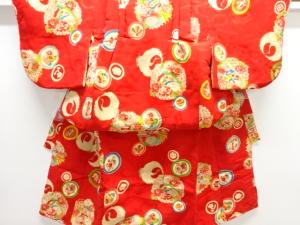 アンティーク　紋錦紗鶴に花丸文様着物(ちゃんちゃんこ付き)